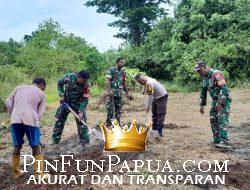 Bhabinkamtibmas Distrik Mantim Bersama TNI dan Warga Olah Lahan Dukung Ketahanan Pangan